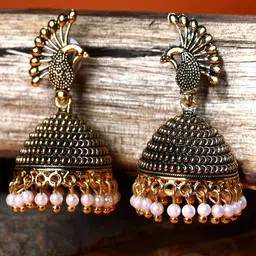 ANIKAS CREATION Gold plated & Black Dome Shaped Enamelled Jhumkas-picture-20