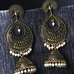 ANIKAS CREATION Gold Plated & Gunmetal-Toned Peacock Shaped Drop Earrings-picture-25