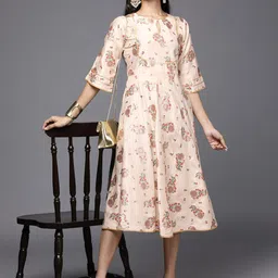 Libas Beige Floral Keyhole Neck A-Line Midi Dress-image-36