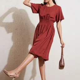 DENNISON Rust Crepe Fit & Flare Smocked Dress-picture-11