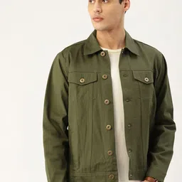 Style Quotient Men Olive Green Solid Denim Jacket-image-0