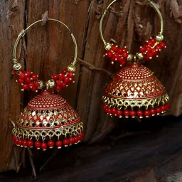 ANIKAS CREATION Red & Gold-Plated Enamelled Dome Shaped Jhumkas-picture-12
