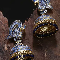 ANIKAS CREATION Gold Plated & Blue Enamelled Peacock Shaped Jhumkas-picture-10