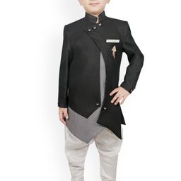SG YUVRAJ Boys Black & White Solid Silk Sherwani-picture-9