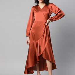 plusS Women Rust Orange Satin Finish Solid Maxi Wrap Dress-picture-39