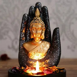 eCraftIndia Black & Gold-Toned Handcrafted Palm Buddha Decorative Showpiece with Wooden Base-picture-26