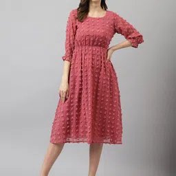 BAESD Round Neck Dobby Puff Sleeve Fit & Flare Midi Dress-picture-19