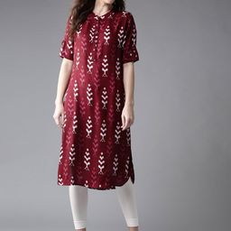 HERE&NOW Women Burgundy & White Printed Straight Kurta-picture-20