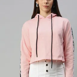 Campus Sutra Women Pink Hooded Pullover Cropped Sweatshirt-image-28