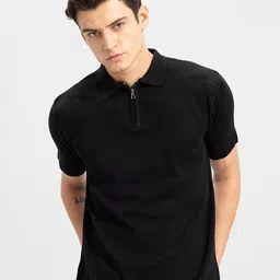 Snitch Black Polo Collar Self Design Slim Fit T-shirt-picture-24