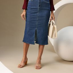 Chemistry Women Denim Pure Cotton Midi Skirt with Front Slit-picture-42