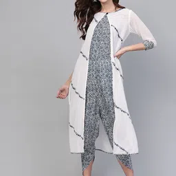 Pannkh Women White & Navy Blue Printed Basic Jumpsuit With Shrug-picture-17