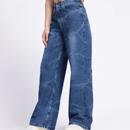 glitchez Women Cool Touch Crinkle Effect Baggy Wide Leg Light Fade Jeans image 5