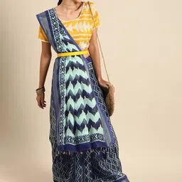 Sangria Navy Blue & White Pure Linen Printed Saree-image-16