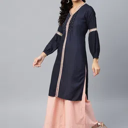 W Women Navy Blue Yoke Design Straight Kurta image 3
