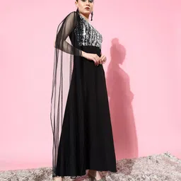 Athena Black & Silver-Coloured Embellished Sequin Cape Sleeves Net Maxi Dress image 5