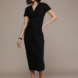 French Connection Solid Short Sleeves V-Neck Sheath Midi Dress image 3
