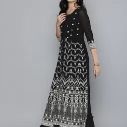 Kvsfab Women Black & White Ethnic Motifs Embroidered Thread Work Georgette Anarkali Kurta image 4