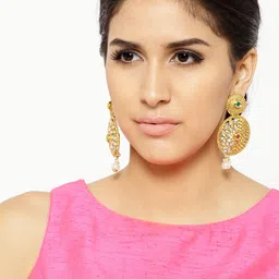 Crunchy Fashion Gold-Plated Textured Stone-Studded Circular Drop Earrings image 3