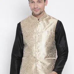 VASTRAMAY Men Gold-Toned Woven Design Silk-Blend Nehru Jacket image 5