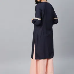 W Women Navy Blue Yoke Design Straight Kurta image 4