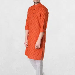 SHIWAM ETHNIX Men Orange Floral Kurta with Pyjamas image 4