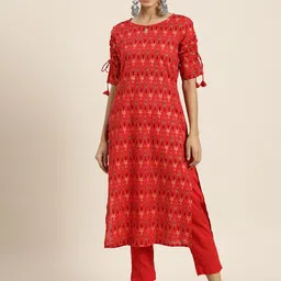 Sangria Women Red Pure Cotton Ethnic Motifs Printed Regular Kurta with Trousers image 4