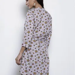 One Femme Grey & Yellow Ethnic Motifs Print Mandarin Collar Pin Tuck Pleated Tunic image 5