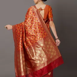 Mitera Orange & Gold-Coloured Silk Blend Woven Design Kanjeevaram Saree image 3