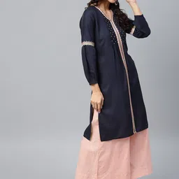 W Women Navy Blue Yoke Design Straight Kurta image 5