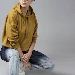 Roadster Women Mustard Yellow Waist-Tie Solid Hooded Sweatshirt image 4