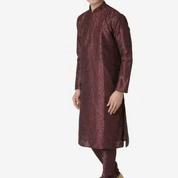 here&now x sanwara Sanwara Men Burgundy Embroidered Kurta with Pyjamas image 4