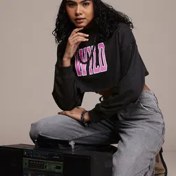 The Roadster Life Co. Printed Relaxed Fit Hooded Crop Sweatshirt image 4