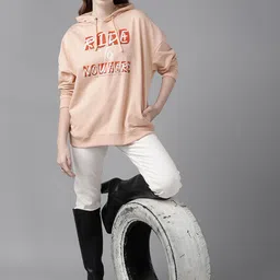 Roadster Women Peach-Coloured & White Printed Hooded Oversized Sweatshirt image 5
