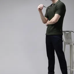 The Roadster Lifestyle Co Men Green Pure Cotton Self Design Polo Collar Pure Cotton T-shirt image 2