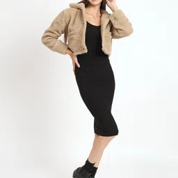 ANVI Be Yourself Beige Faux Fur Trim Crop Tailored Jacket-image-91