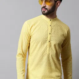 Jompers Men Yellow Geometric Embroidered Kurta image 3