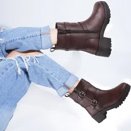 SHUZ TOUCH Women Heeled Buckle Detail Mid-Top Chunky Boots-image-50