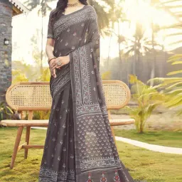 Satrani Stone Grey Cotton Floral Print Saree With Unstitched Blouse-image-40