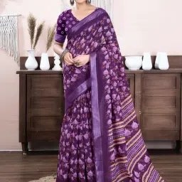 Satrani Purple Cotton Linen Floral Saree With Unstitched Blouse-image-66