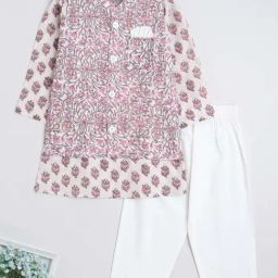 The Magic Wand Kids Pink & Off-White Cotton Floral Print Full Sleeves Kurta Set-picture-9