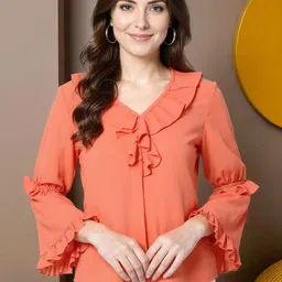 SZN Women V-Neck Ruffles Bell Sleeve Regular Linear Frill Top image 1