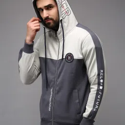 showoffff Showoff Grey Cotton Regular Fit Colour Block Hooded Sweatshirt image 3