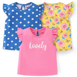 Babyhug Cotton Knit  Frill Sleeves Tops with Polka Dot Floral & Text Graphics - Multicolour-picture-25