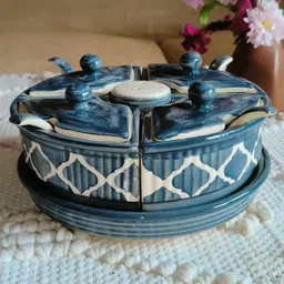 Niyara Multipurpose Storage Ceramic Pickle set Jars & with Lid & tray & spoon & Salt Dispenser (Set of 5, 300 ML) (Grey)-picture-26