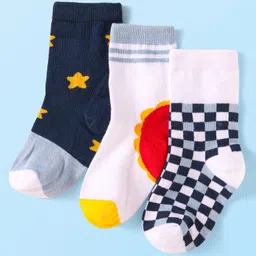 Cute Walk By Babyhug Cotton Knit Anti-Bacterial Ankle Length Socks With Star Sun & Checks Design Pack Of 3 - White Grey & Navy Blue-picture-14