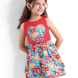 Babyhug Single Jersey Knit Sleeveless Floral Printed Top & Skirt Set with Text Embroidery - Red-picture-18