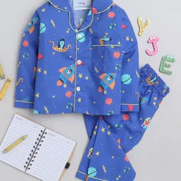 Knitting Doodles Pure Cotton Woven Full Sleeves Space Theme Printed Coordinating Night Suit Set - Dark Blue-picture-19
