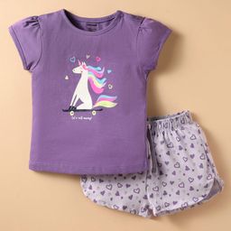 CUCUMBER Sinker Knit Half Sleeves Shorts Night Suit With Unicorn Print - Purple-picture-20