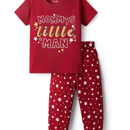 Babyhug Cotton Knit Half Sleeves Night Suit With Star Print - Red-picture-23